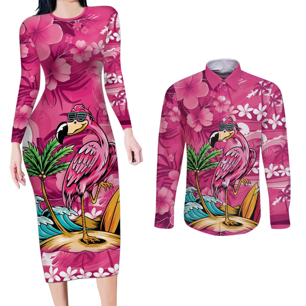 Hawaiian Flamingo Hibiscus Personalised Couples Matching Long Sleeve Bodycon Dress and Long Sleeve Button Shirt Pink Summer Tropical Flowers LT9 Pink - Polynesian Pride