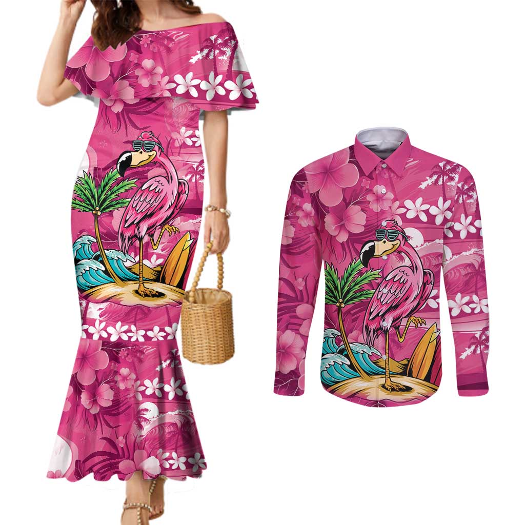 Hawaiian Flamingo Hibiscus Personalised Couples Matching Mermaid Dress and Long Sleeve Button Shirt Pink Summer Tropical Flowers LT9 Pink - Polynesian Pride