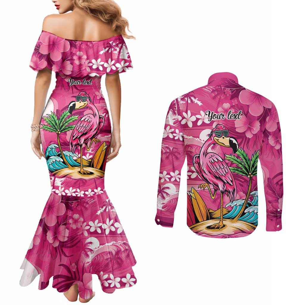 Hawaiian Flamingo Hibiscus Personalised Couples Matching Mermaid Dress and Long Sleeve Button Shirt Pink Summer Tropical Flowers LT9 - Polynesian Pride