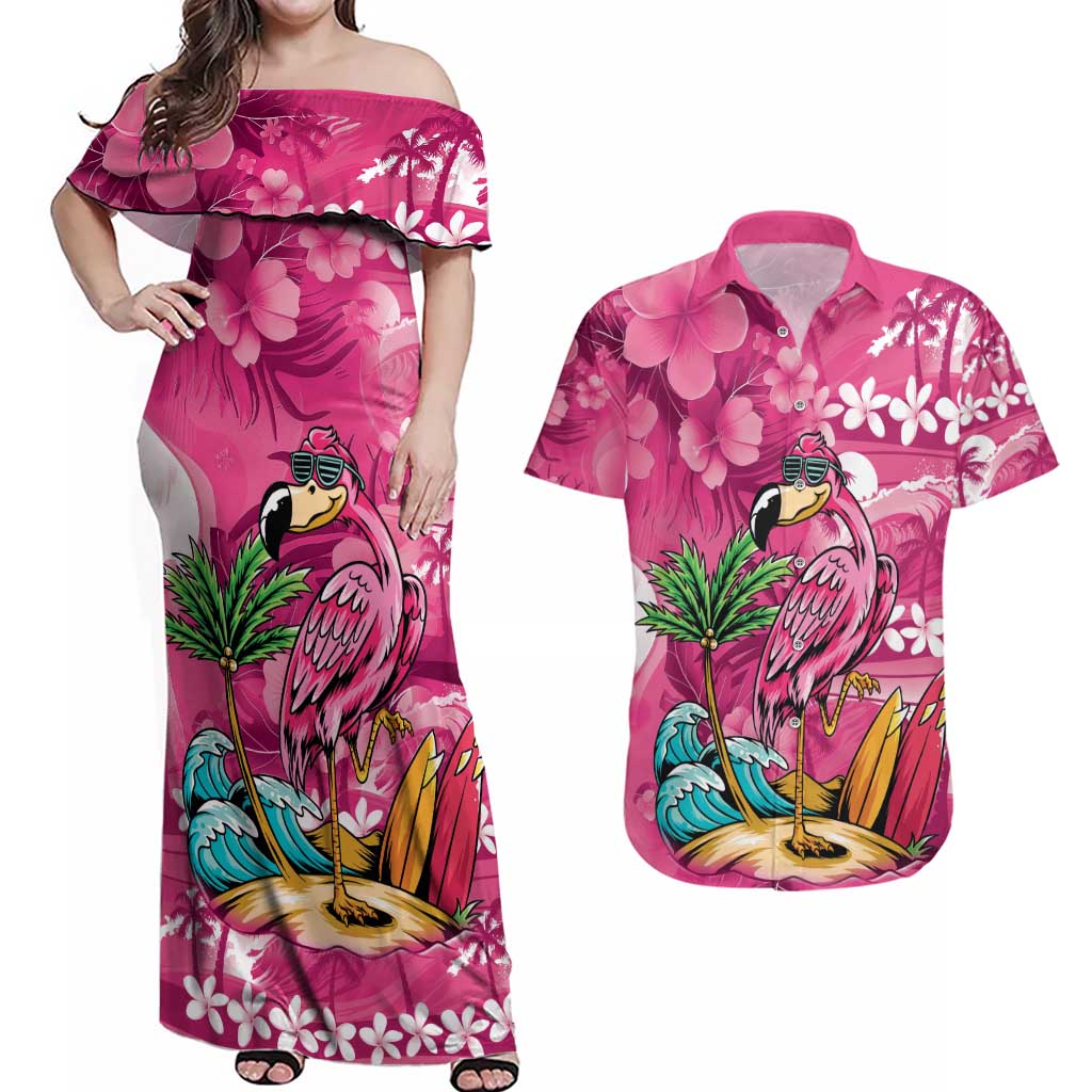 Hawaiian Flamingo Hibiscus Personalised Couples Matching Off Shoulder Maxi Dress and Hawaiian Shirt Pink Summer Tropical Flowers LT9 Pink - Polynesian Pride