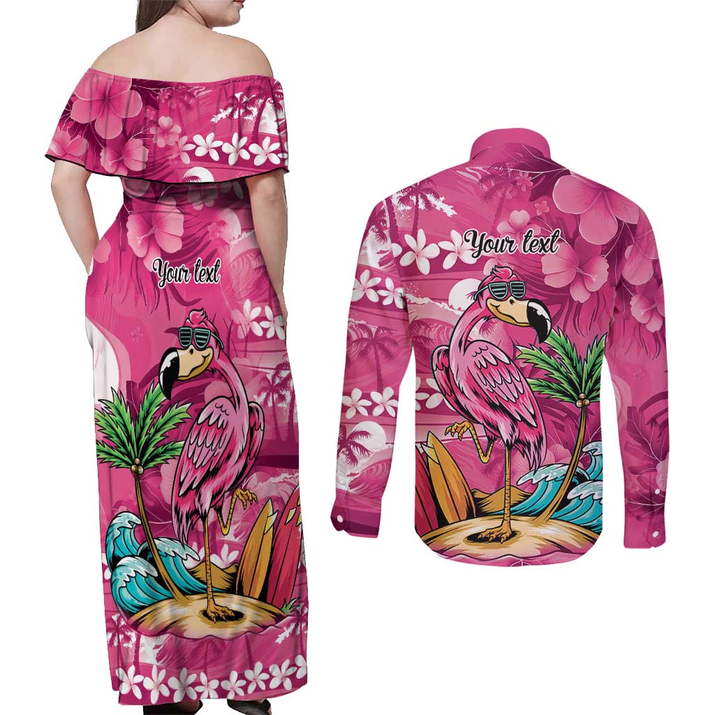Hawaiian Flamingo Hibiscus Personalised Couples Matching Off Shoulder Maxi Dress and Long Sleeve Button Shirt Pink Summer Tropical Flowers LT9 - Polynesian Pride