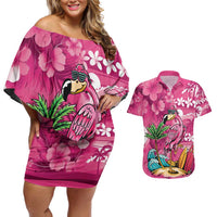 Hawaiian Flamingo Hibiscus Personalised Couples Matching Off Shoulder Short Dress and Hawaiian Shirt Pink Summer Tropical Flowers LT9 Pink - Polynesian Pride