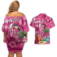Hawaiian Flamingo Hibiscus Personalised Couples Matching Off Shoulder Short Dress and Hawaiian Shirt Pink Summer Tropical Flowers LT9 - Polynesian Pride