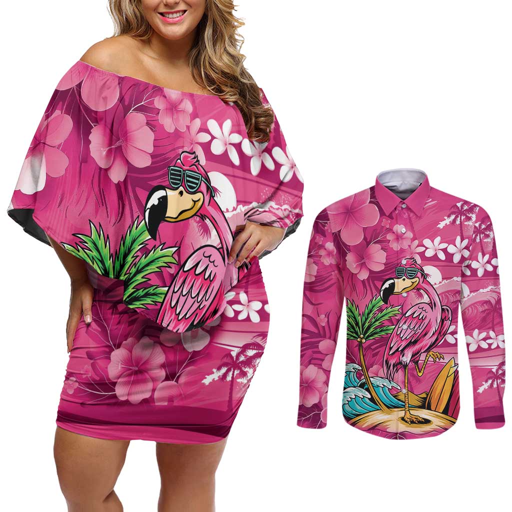 Hawaiian Flamingo Hibiscus Personalised Couples Matching Off Shoulder Short Dress and Long Sleeve Button Shirt Pink Summer Tropical Flowers LT9 Pink - Polynesian Pride