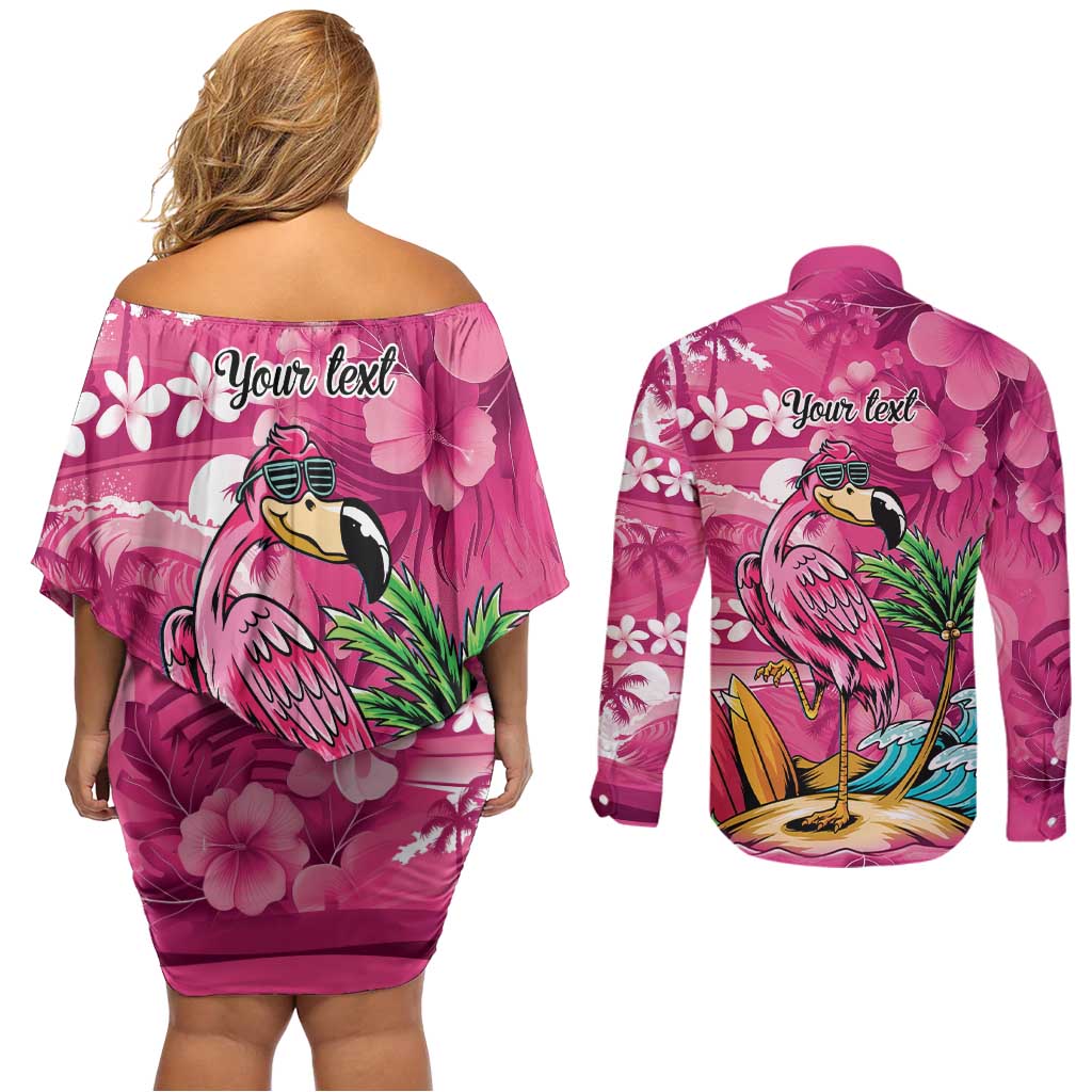 Hawaiian Flamingo Hibiscus Personalised Couples Matching Off Shoulder Short Dress and Long Sleeve Button Shirt Pink Summer Tropical Flowers LT9 - Polynesian Pride