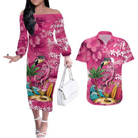 Hawaiian Flamingo Hibiscus Personalised Couples Matching Off The Shoulder Long Sleeve Dress and Hawaiian Shirt Pink Summer Tropical Flowers LT9 Pink - Polynesian Pride