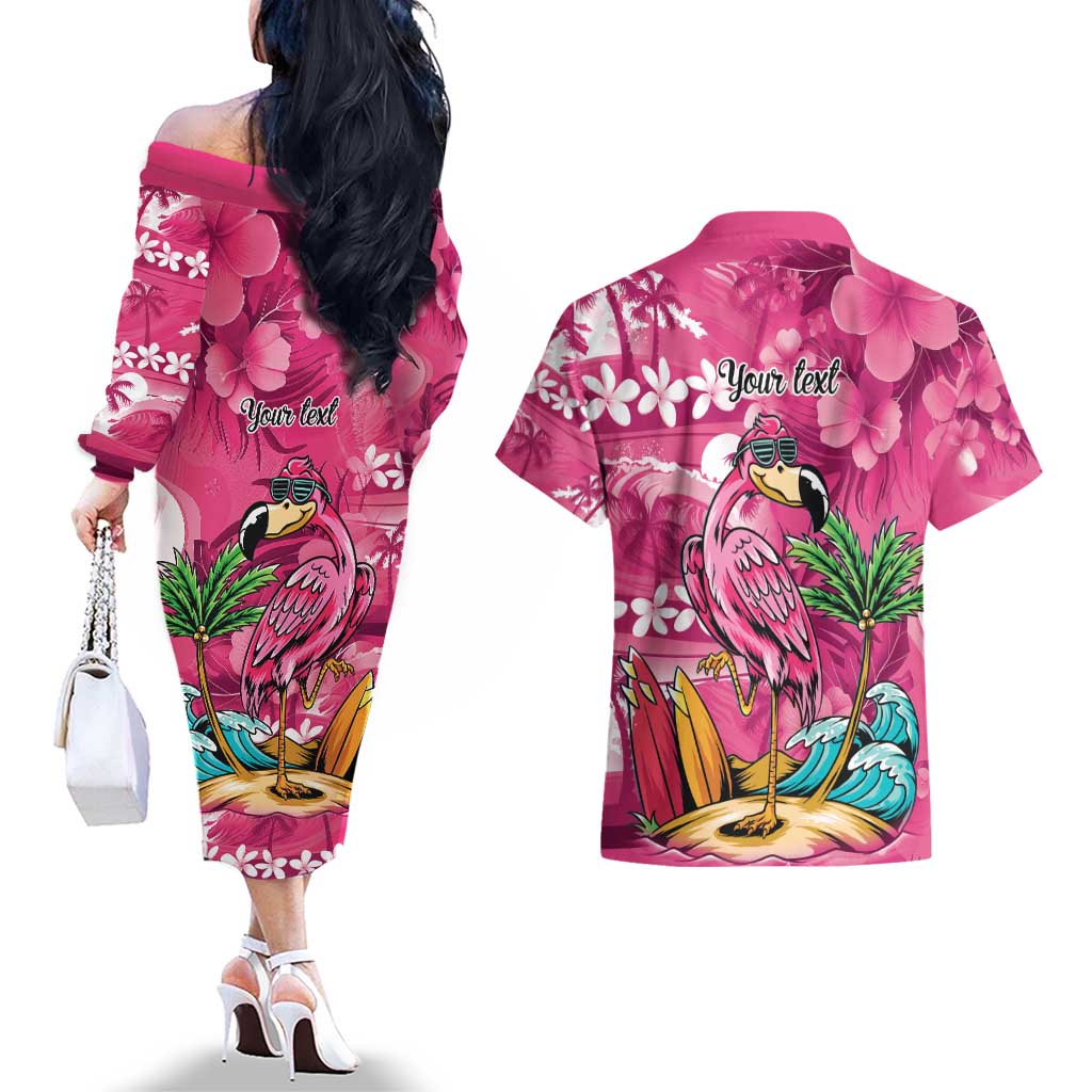 Hawaiian Flamingo Hibiscus Personalised Couples Matching Off The Shoulder Long Sleeve Dress and Hawaiian Shirt Pink Summer Tropical Flowers LT9 - Polynesian Pride