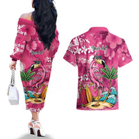 Hawaiian Flamingo Hibiscus Personalised Couples Matching Off The Shoulder Long Sleeve Dress and Hawaiian Shirt Pink Summer Tropical Flowers LT9 - Polynesian Pride