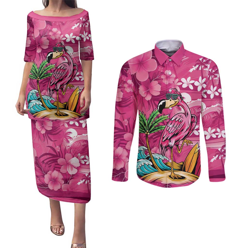 Hawaiian Flamingo Hibiscus Personalised Couples Matching Puletasi and Long Sleeve Button Shirt Pink Summer Tropical Flowers LT9 Pink - Polynesian Pride