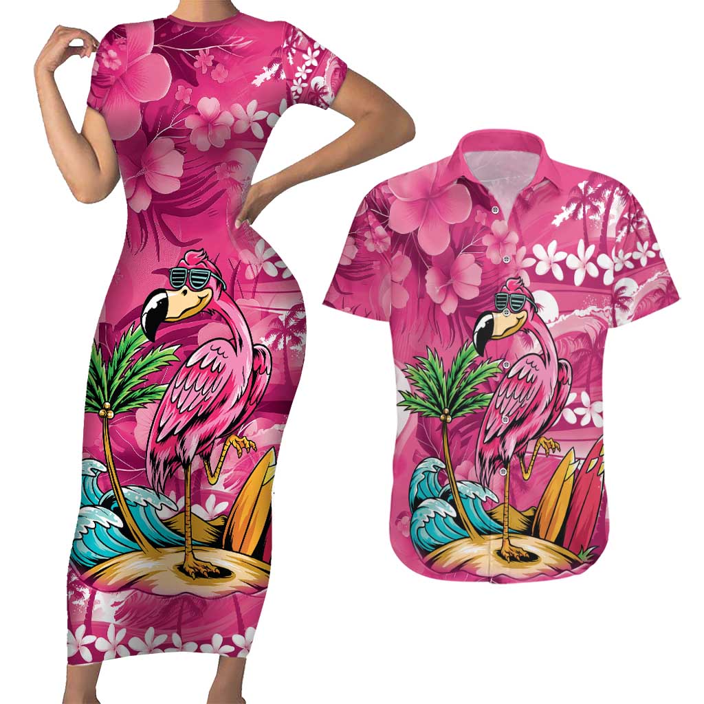Hawaiian Flamingo Hibiscus Personalised Couples Matching Short Sleeve Bodycon Dress and Hawaiian Shirt Pink Summer Tropical Flowers LT9 Pink - Polynesian Pride