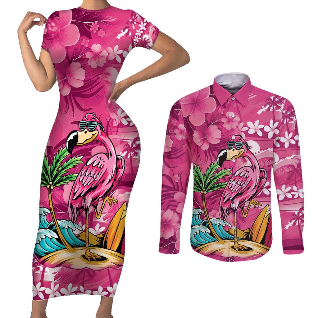 Hawaiian Flamingo Hibiscus Personalised Couples Matching Short Sleeve Bodycon Dress and Long Sleeve Button Shirt Pink Summer Tropical Flowers LT9 Pink - Polynesian Pride