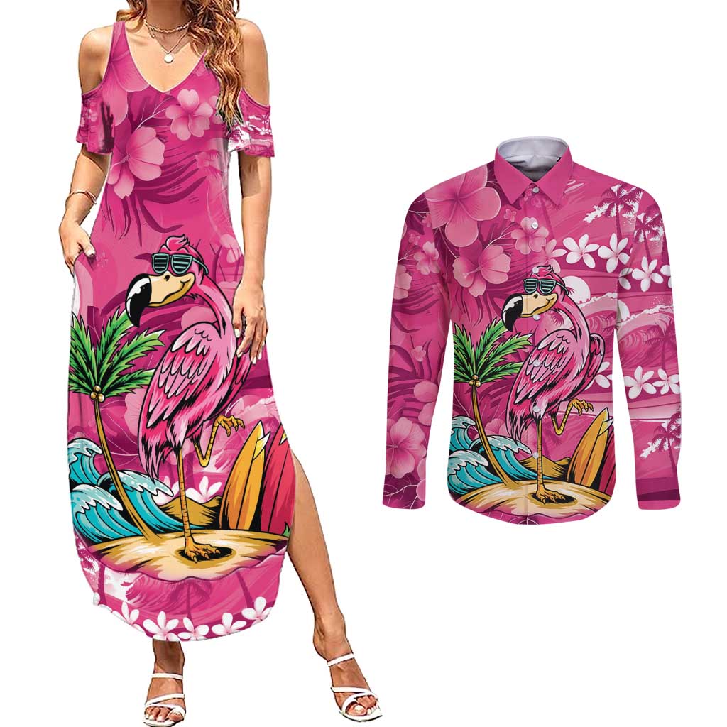 Hawaiian Flamingo Hibiscus Personalised Couples Matching Summer Maxi Dress and Long Sleeve Button Shirt Pink Summer Tropical Flowers LT9 Pink - Polynesian Pride