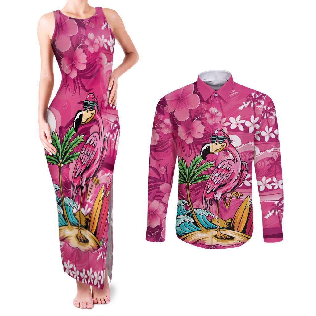 Hawaiian Flamingo Hibiscus Personalised Couples Matching Tank Maxi Dress and Long Sleeve Button Shirt Pink Summer Tropical Flowers LT9 Pink - Polynesian Pride