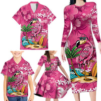 Hawaiian Flamingo Hibiscus Personalised Family Matching Long Sleeve Bodycon Dress and Hawaiian Shirt Pink Summer Tropical Flowers LT9 - Polynesian Pride
