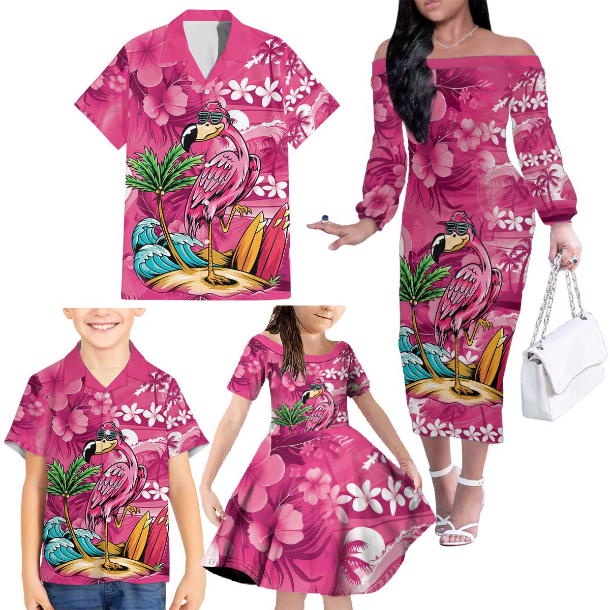 Hawaiian Flamingo Hibiscus Personalised Family Matching Off The Shoulder Long Sleeve Dress and Hawaiian Shirt Pink Summer Tropical Flowers LT9 - Polynesian Pride