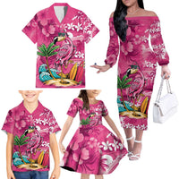 Hawaiian Flamingo Hibiscus Personalised Family Matching Off The Shoulder Long Sleeve Dress and Hawaiian Shirt Pink Summer Tropical Flowers LT9 - Polynesian Pride