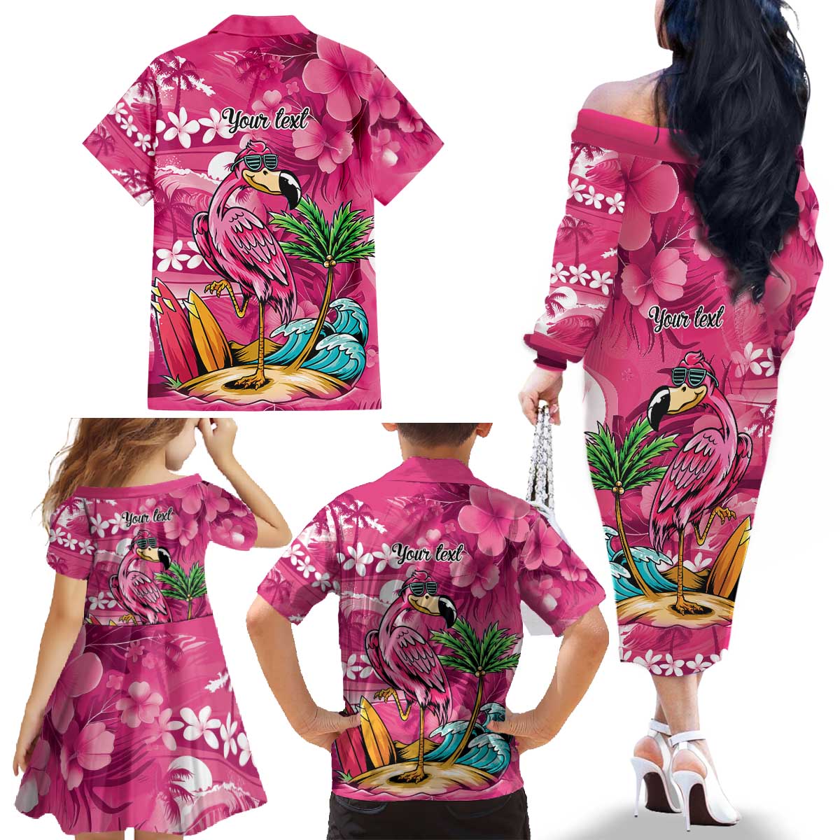 Hawaiian Flamingo Hibiscus Personalised Family Matching Off The Shoulder Long Sleeve Dress and Hawaiian Shirt Pink Summer Tropical Flowers LT9 - Polynesian Pride