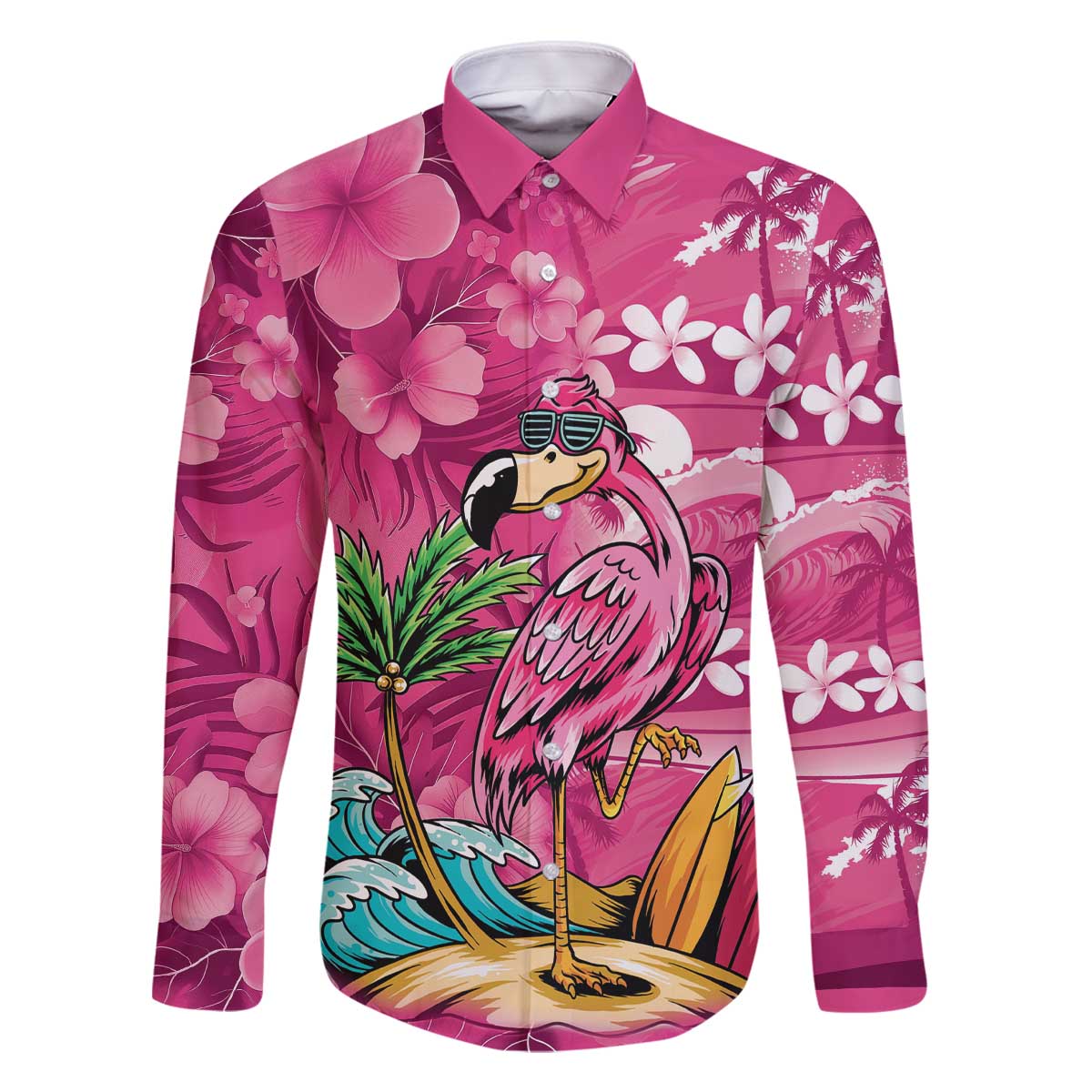 Hawaiian Flamingo Hibiscus Personalised Family Matching Off The Shoulder Long Sleeve Dress and Hawaiian Shirt Pink Summer Tropical Flowers LT9 Dad's Shirt - Long Sleeve Pink - Polynesian Pride