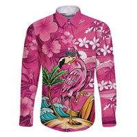 Hawaiian Flamingo Hibiscus Personalised Family Matching Off The Shoulder Long Sleeve Dress and Hawaiian Shirt Pink Summer Tropical Flowers LT9 Dad's Shirt - Long Sleeve Pink - Polynesian Pride