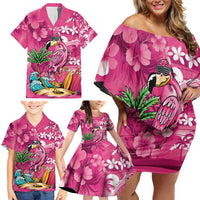 Hawaiian Flamingo Hibiscus Personalised Family Matching Off Shoulder Short Dress and Hawaiian Shirt Pink Summer Tropical Flowers LT9 - Polynesian Pride