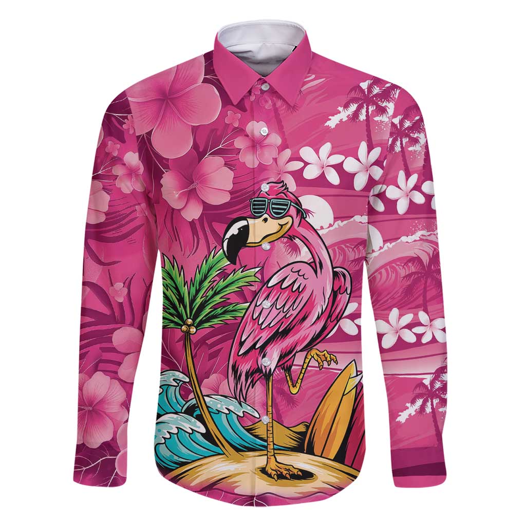 Hawaiian Flamingo Hibiscus Personalised Family Matching Off Shoulder Short Dress and Hawaiian Shirt Pink Summer Tropical Flowers LT9 Dad's Shirt - Long Sleeve Pink - Polynesian Pride