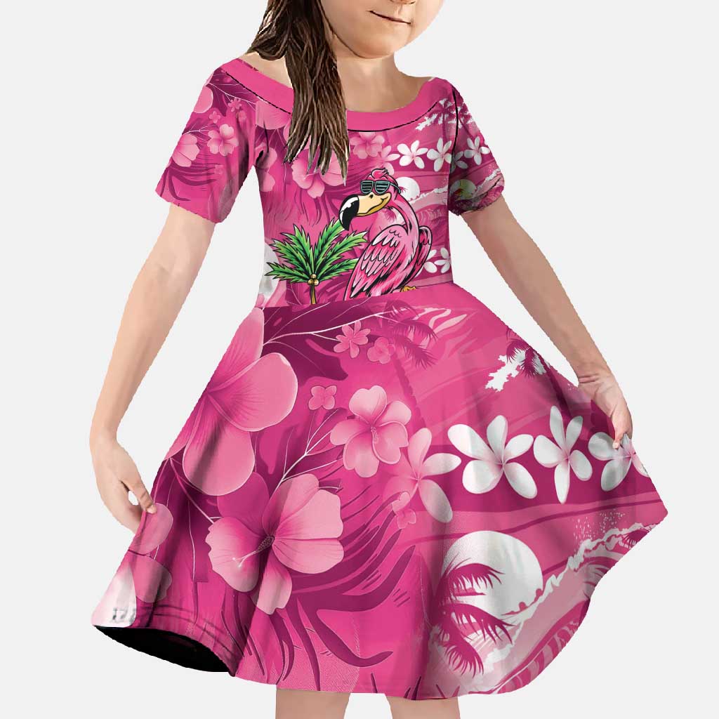 Hawaiian Flamingo Hibiscus Personalised Family Matching Short Sleeve Bodycon Dress and Hawaiian Shirt Pink Summer Tropical Flowers LT9 Daughter's Dress Pink - Polynesian Pride