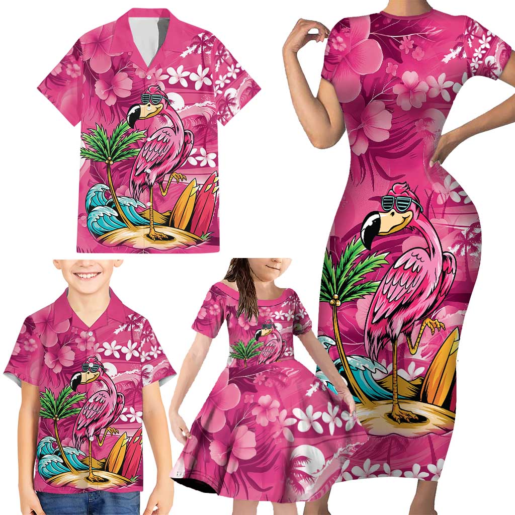Hawaiian Flamingo Hibiscus Personalised Family Matching Short Sleeve Bodycon Dress and Hawaiian Shirt Pink Summer Tropical Flowers LT9 - Polynesian Pride
