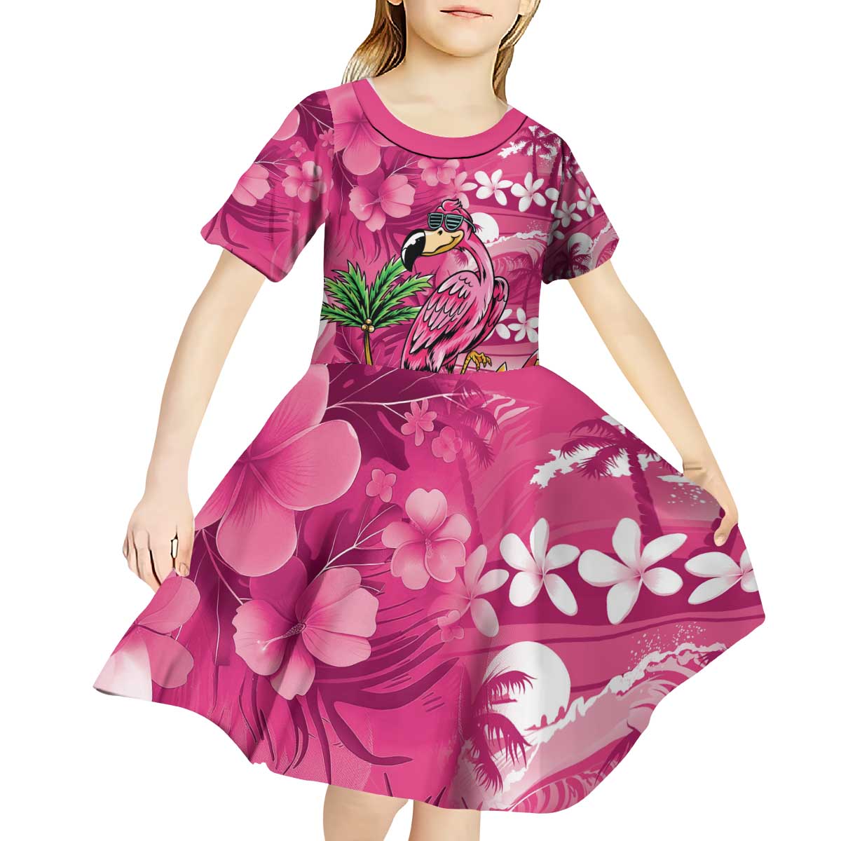 Hawaiian Flamingo Hibiscus Personalised Kid Short Sleeve Dress Pink Summer Tropical Flowers LT9 - Polynesian Pride