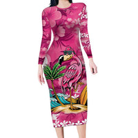 Hawaiian Flamingo Hibiscus Personalised Long Sleeve Bodycon Dress Pink Summer Tropical Flowers LT9 Long Dress Pink - Polynesian Pride