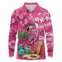 Hawaiian Flamingo Hibiscus Personalised Long Sleeve Polo Shirt Pink Summer Tropical Flowers LT9 Pink - Polynesian Pride