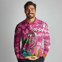 Hawaiian Flamingo Hibiscus Personalised Long Sleeve Polo Shirt Pink Summer Tropical Flowers LT9 - Polynesian Pride