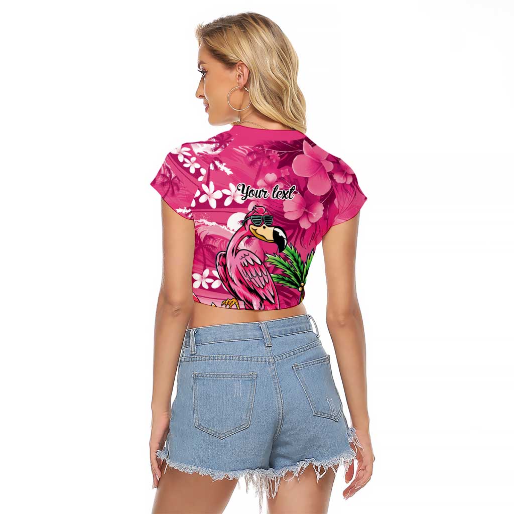 Hawaiian Flamingo Hibiscus Personalised Raglan Cropped T Shirt Pink Summer Tropical Flowers LT9 - Polynesian Pride