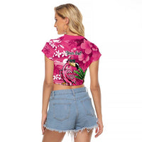 Hawaiian Flamingo Hibiscus Personalised Raglan Cropped T Shirt Pink Summer Tropical Flowers LT9 - Polynesian Pride