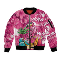 Hawaiian Flamingo Hibiscus Personalised Sleeve Zip Bomber Jacket Pink Summer Tropical Flowers LT9 Unisex Pink - Polynesian Pride