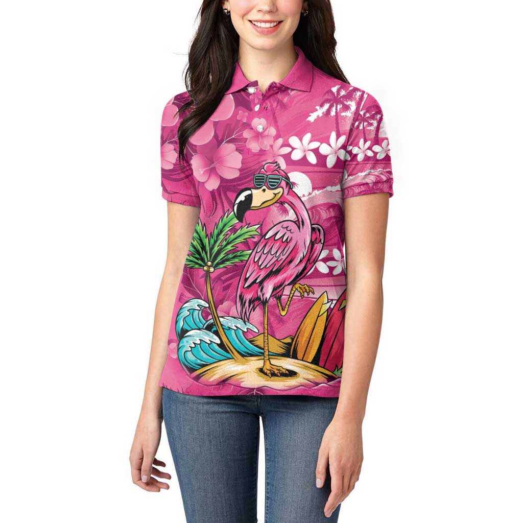Hawaiian Flamingo Hibiscus Personalised Women Polo Shirt Pink Summer Tropical Flowers LT9 - Polynesian Pride