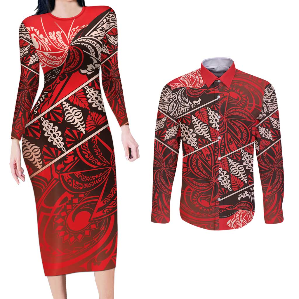 Vintage Ngatu Tribal Tonga Pattern Couples Matching Long Sleeve Bodycon Dress and Long Sleeve Button Shirt LT9 Red - Polynesian Pride