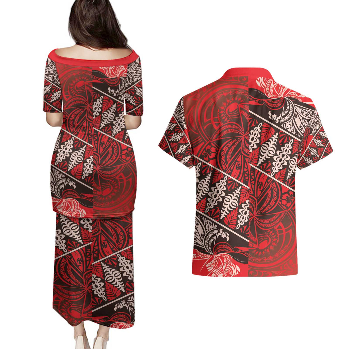 Vintage Ngatu Tribal Tonga Pattern Couples Matching Puletasi and Hawaiian Shirt - Polynesian Pride