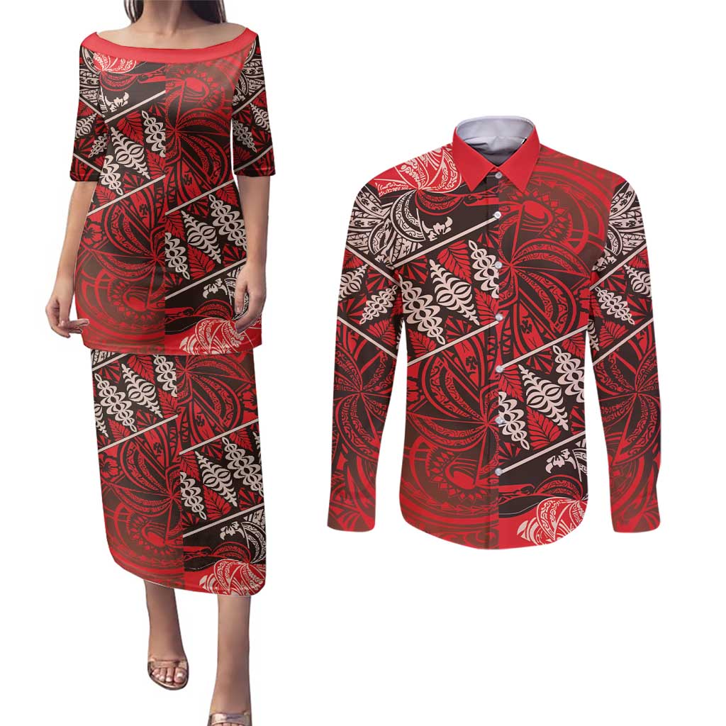 Vintage Ngatu Tribal Tonga Pattern Couples Matching Puletasi and Long Sleeve Button Shirt LT9 Red - Polynesian Pride