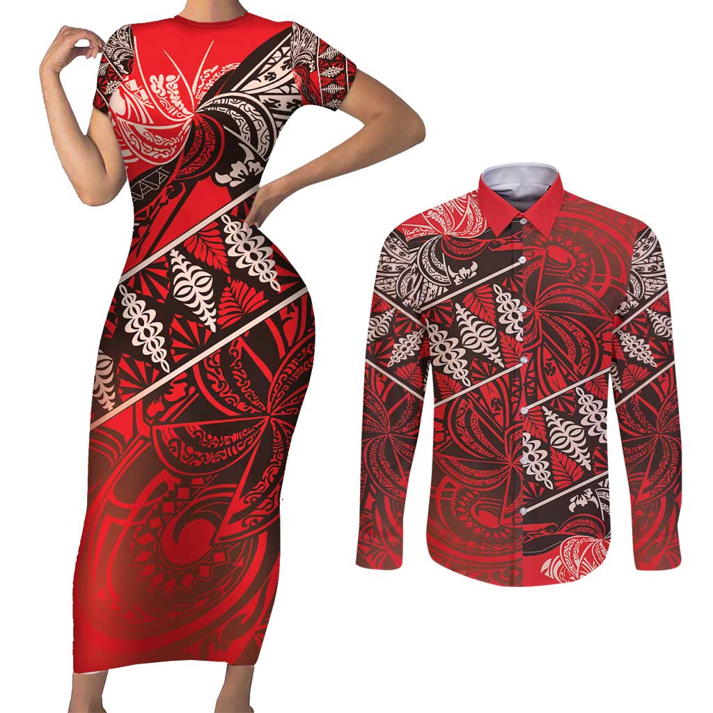 Vintage Ngatu Tribal Tonga Pattern Couples Matching Short Sleeve Bodycon Dress and Long Sleeve Button Shirt LT9 Red - Polynesian Pride