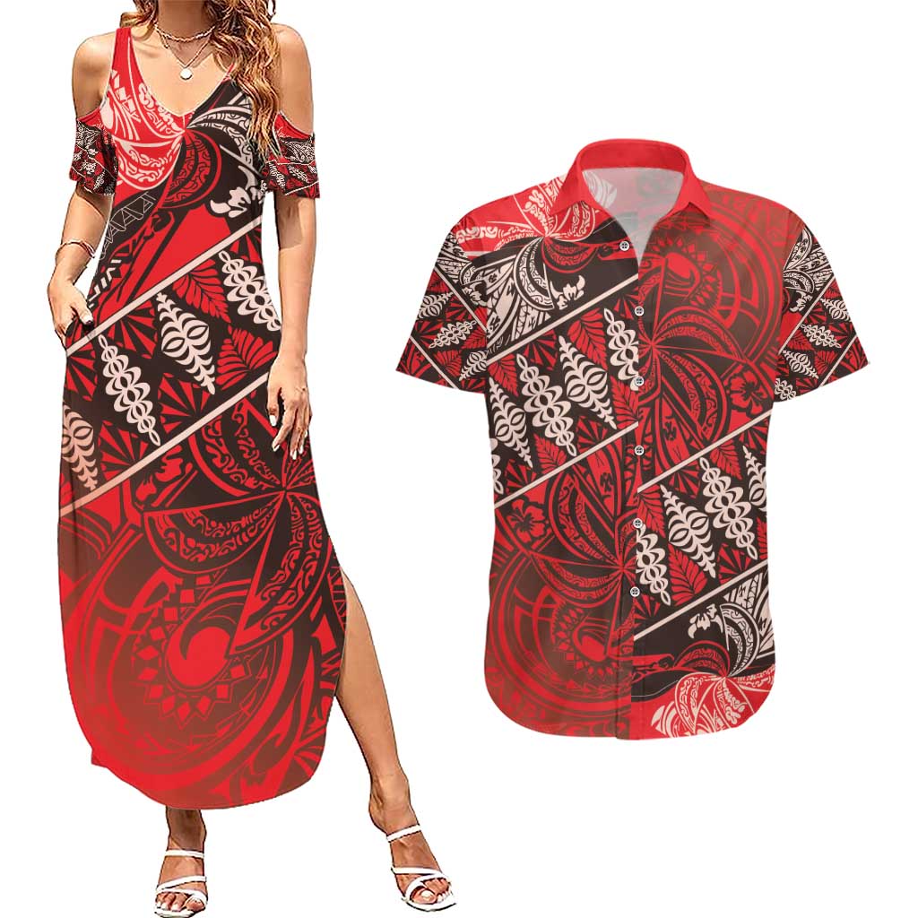 Vintage Ngatu Tribal Tonga Pattern Couples Matching Summer Maxi Dress and Hawaiian Shirt LT9 Red - Polynesian Pride
