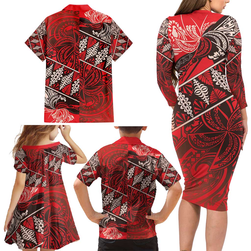 Vintage Ngatu Tribal Tonga Pattern Family Matching Long Sleeve Bodycon Dress and Hawaiian Shirt LT9 - Polynesian Pride