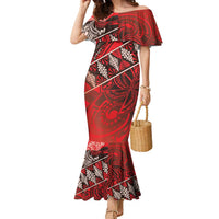 Vintage Ngatu Tribal Tonga Pattern Family Matching Mermaid Dress and Hawaiian Shirt LT9 Mom's Dress Red - Polynesian Pride