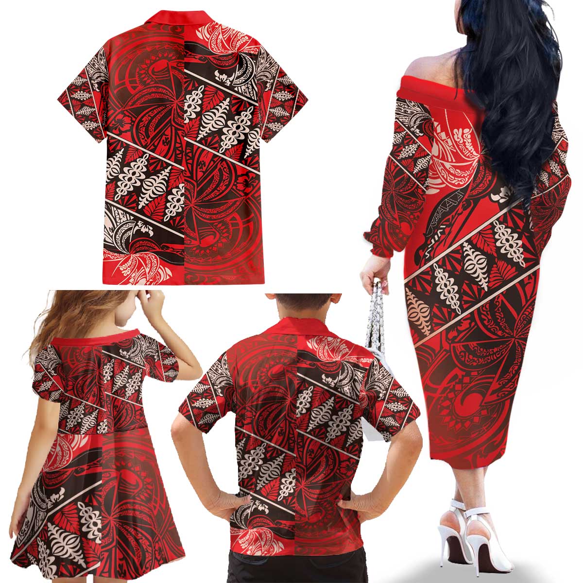 Vintage Ngatu Tribal Tonga Pattern Family Matching Off The Shoulder Long Sleeve Dress and Hawaiian Shirt LT9 - Polynesian Pride