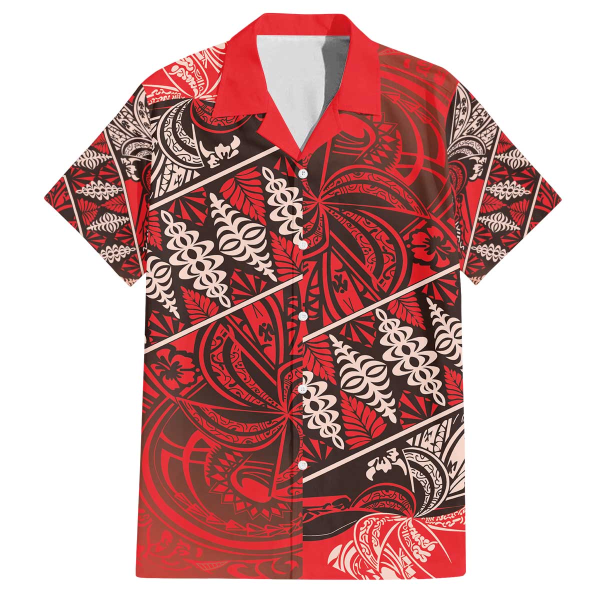 Vintage Ngatu Tribal Tonga Pattern Family Matching Off The Shoulder Long Sleeve Dress and Hawaiian Shirt LT9 Dad's Shirt - Short Sleeve Red - Polynesian Pride