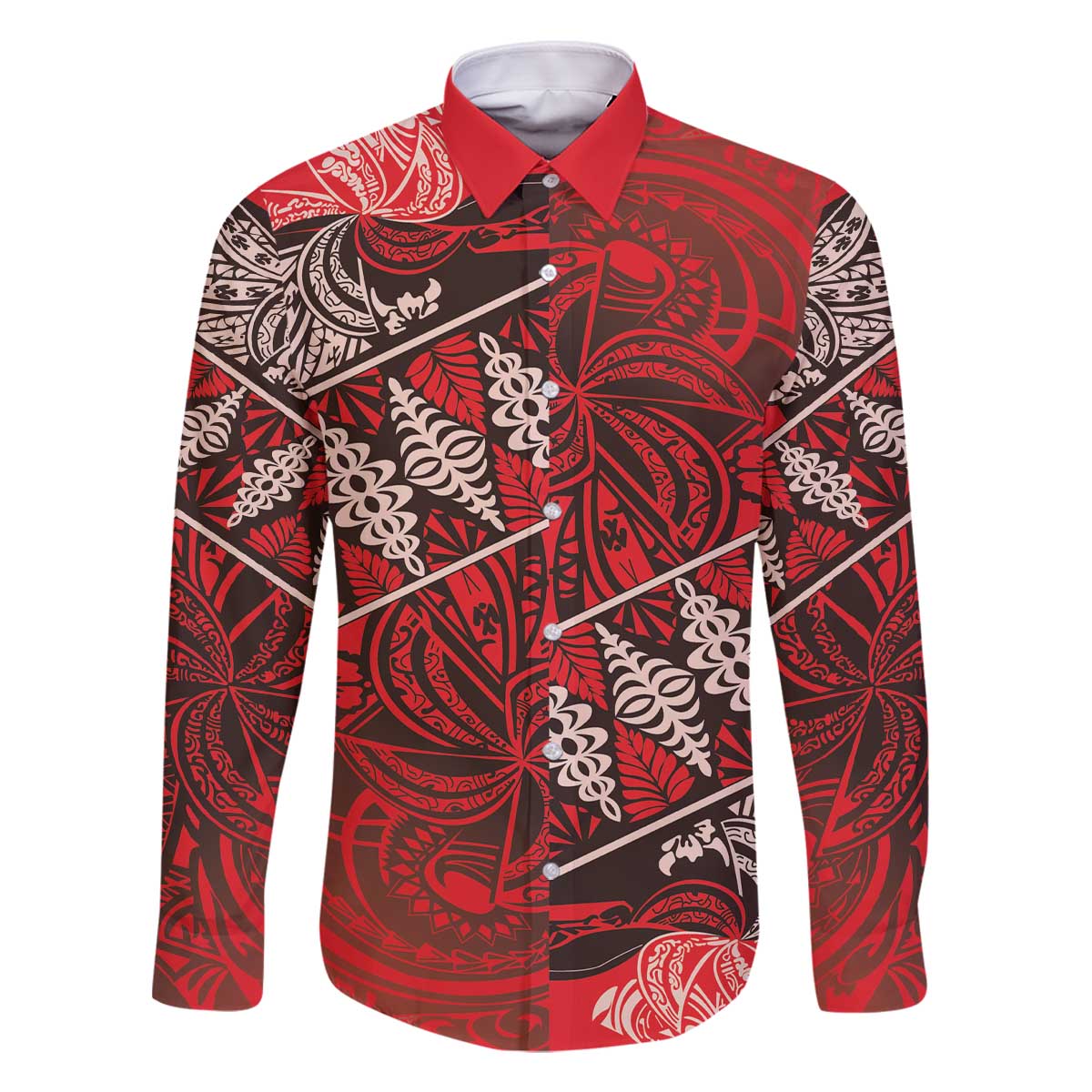 Vintage Ngatu Tribal Tonga Pattern Family Matching Off The Shoulder Long Sleeve Dress and Hawaiian Shirt LT9 Dad's Shirt - Long Sleeve Red - Polynesian Pride