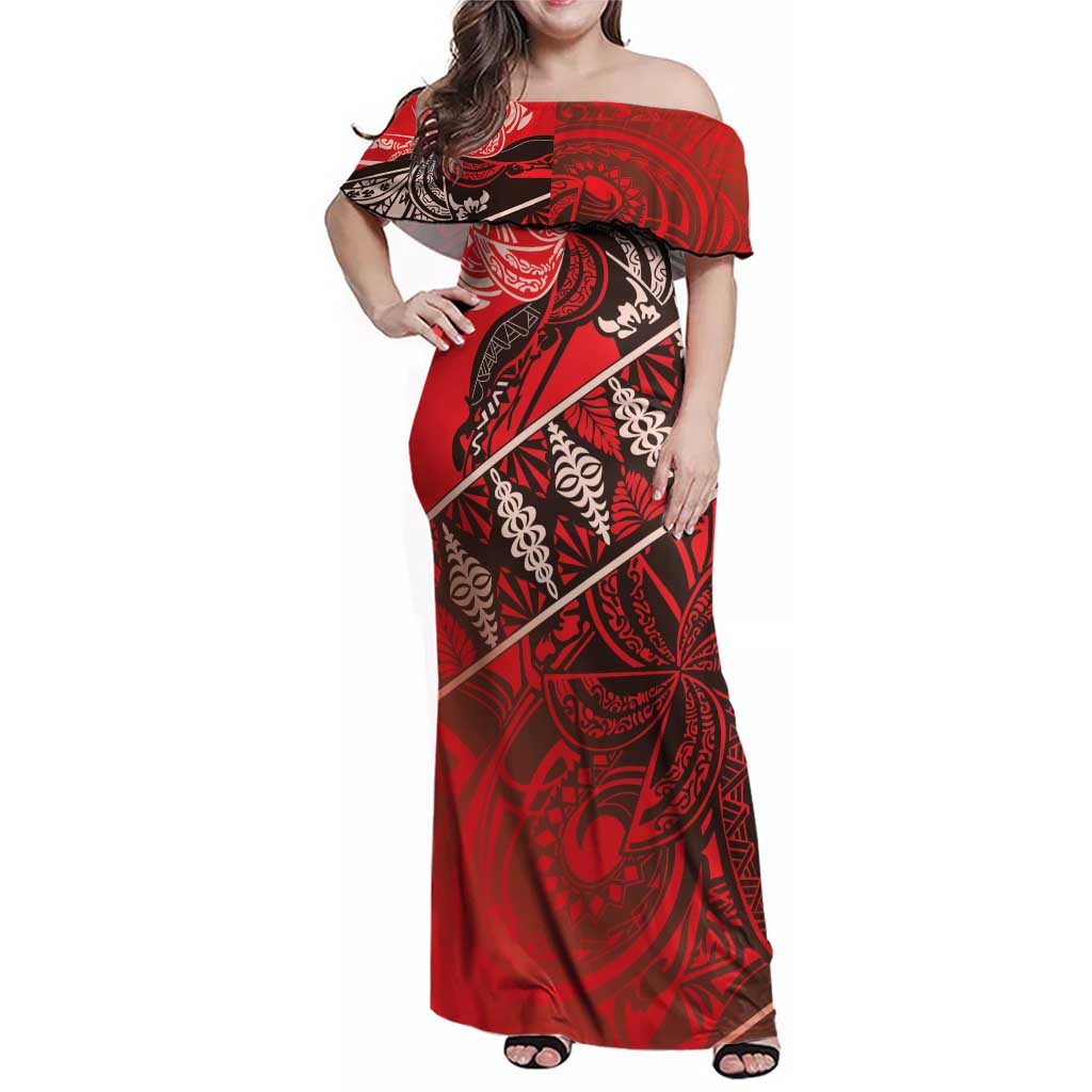 Vintage Ngatu Tribal Tonga Pattern Family Matching Off Shoulder Maxi Dress and Hawaiian Shirt LT9 Mom's Dress Red - Polynesian Pride