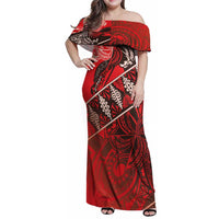 Vintage Ngatu Tribal Tonga Pattern Family Matching Off Shoulder Maxi Dress and Hawaiian Shirt LT9 Mom's Dress Red - Polynesian Pride