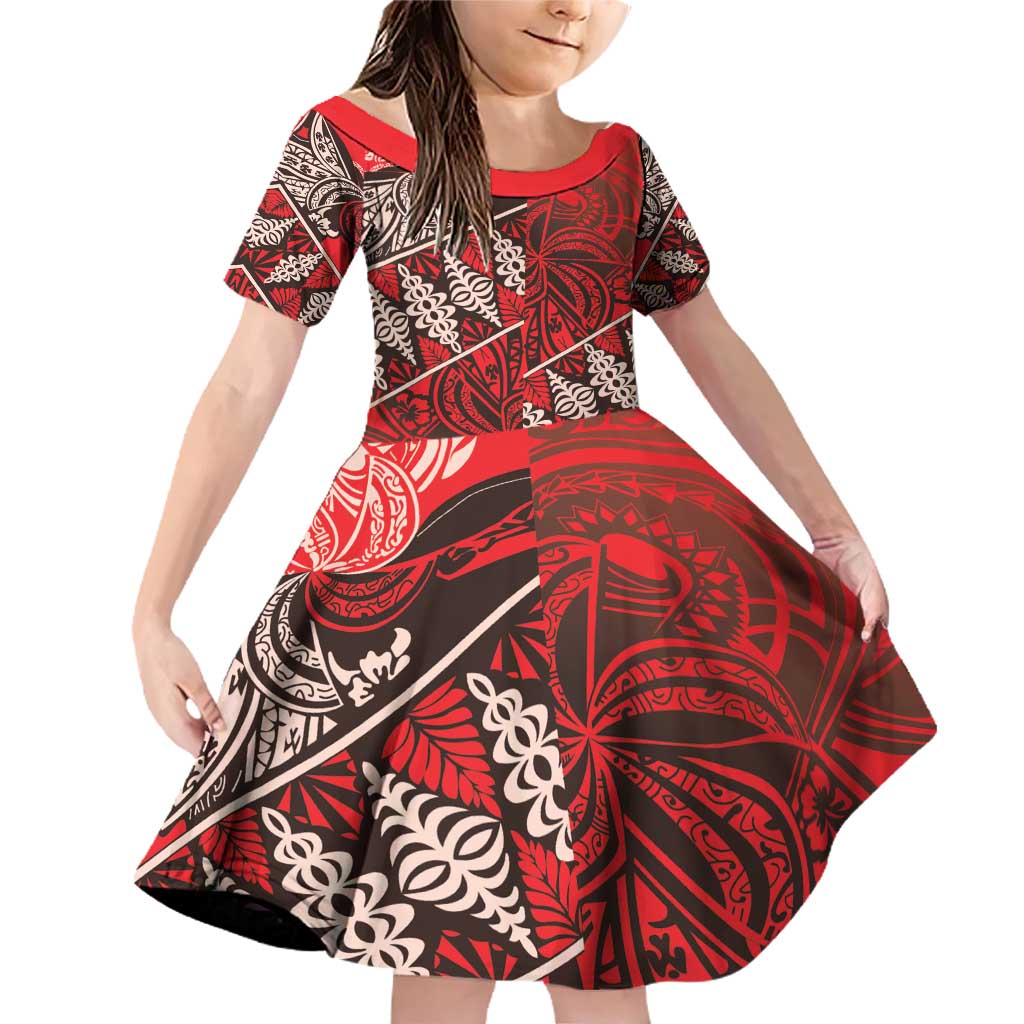 Vintage Ngatu Tribal Tonga Pattern Family Matching Off Shoulder Short Dress and Hawaiian Shirt LT9 Daughter's Dress Red - Polynesian Pride