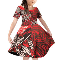 Vintage Ngatu Tribal Tonga Pattern Family Matching Off Shoulder Short Dress and Hawaiian Shirt LT9 Daughter's Dress Red - Polynesian Pride