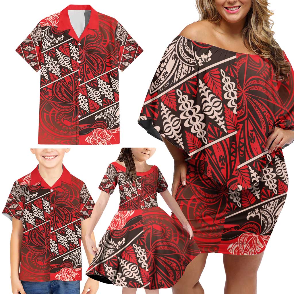 Vintage Ngatu Tribal Tonga Pattern Family Matching Off Shoulder Short Dress and Hawaiian Shirt LT9 - Polynesian Pride
